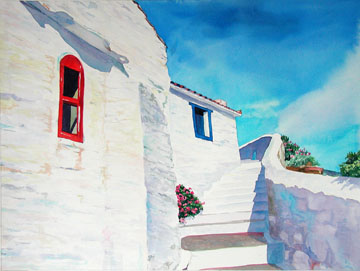 windows stairs Skopelos Greece watercolor painting Kat O'Connor