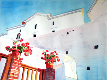 stairs geraniums Skopelos Greece watercolor painting Kat O'Connor