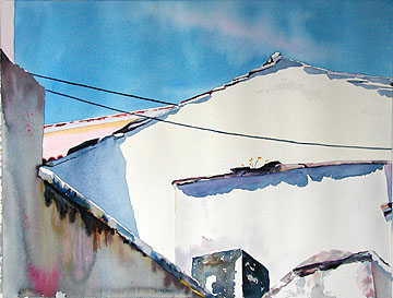 Kat O'Connor rooftops Skopelos Greece watercolor painting