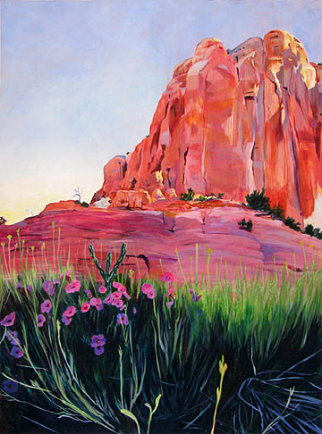Kat O'Connor New Mexico sunrise flowers rock formations acrylic painting