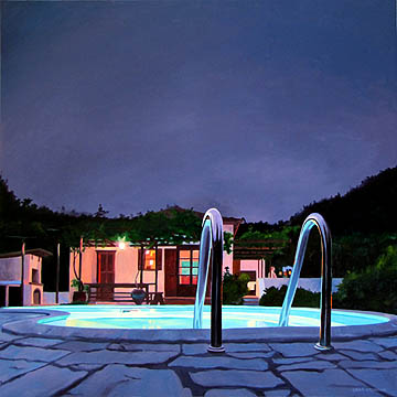 Kat O'Connor pool night Skopelos Greece oil painting