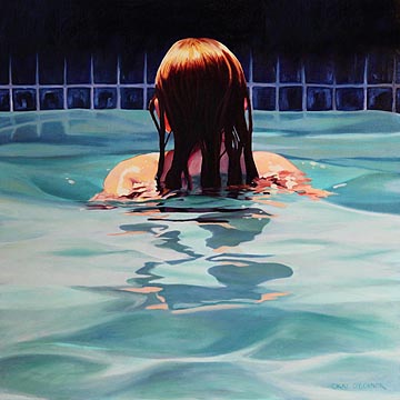 Kat O'Connor figure nighttime pool oil painting