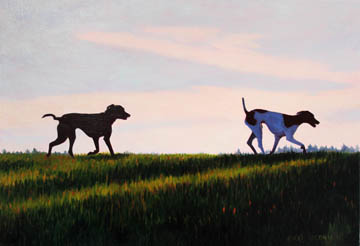 Kat O'Connor dogs sunset silhouette oil painting