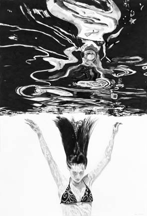 Kat O'Connor drawing conte graphite ink watercolor acrylic female figure float swim sink