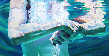 hands, figure, nude, water, reflections, sunlight, color, oil painting, oil on panel, Kat O'Connor