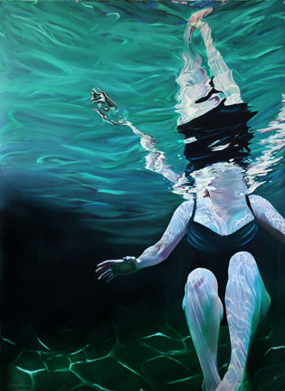 Informal Goddess, Oil on Paper, oil painting, figure, swimmer, pool, reflection, Kat O'Connor