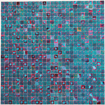 Kat O'Connor Fair Suitors grid of blues, pinks, and oranges