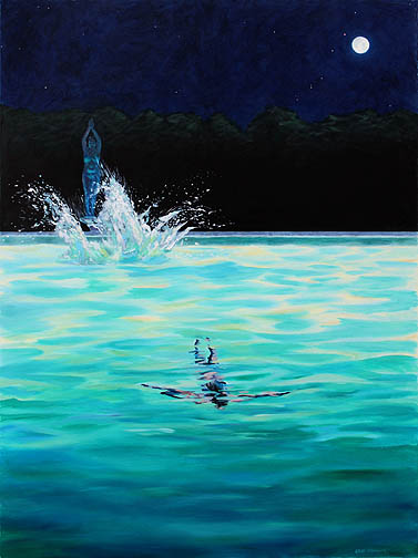 Kat O'Connor, Diving, moon, mars, night painting, figure, pool, oil painting