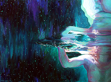 Kat O'Connor, Aurora Borealis, Figure in space like atmosphere, drips moving upwards