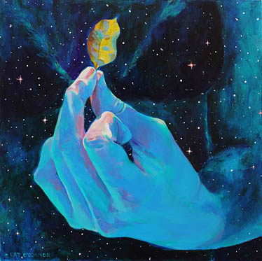 Kat O'Connor Universal Welcome hand holding leaf with the universe and body behind