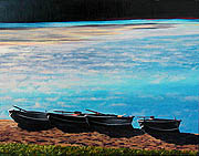 Kat O'Connor boats mist lake Sherman Ridin' Hy New York oil painting