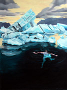 Persephone, narrative, iceberg, swimmer, figure, cold, Iceland, iceberg, yellow, sky, oil painting, oil on paper, Kat O'Connor