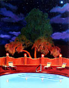 Kat O'Connor, oil painting, night painting, lights, sky, trees, moon, pool