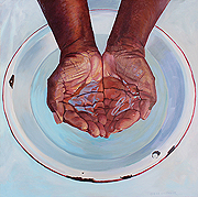 Kat O'Connor, painting of hands holding water over a bowl