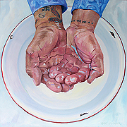 kat O'Connor oil painting of hands holding water over a bowl