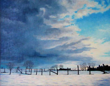 Snow clouds field fence New York oil painting Kat O'Connor