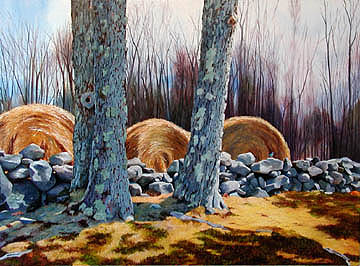 Kat O'Connor stone wall round hay bales Moore State Park Massachusetts bluebird oil painting