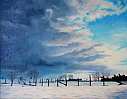 snow fence field clouds oil painting Kat O'Connor